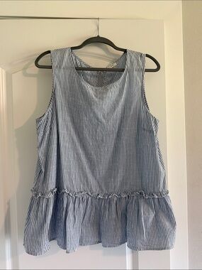 Blue and White Pinstripe Sleeveless Peplum Top